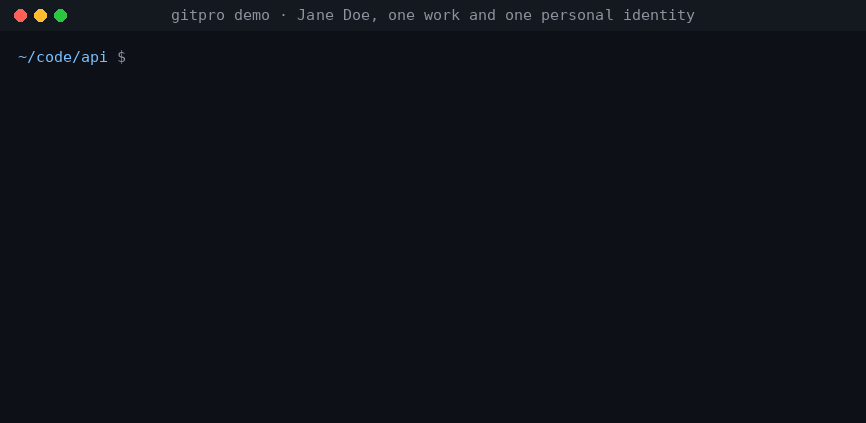 gitpro refuses a commit in a work repo that would use the personal email, removes the repo's own email setting, and the commit then uses the work email, while a personal repo keeps the personal one